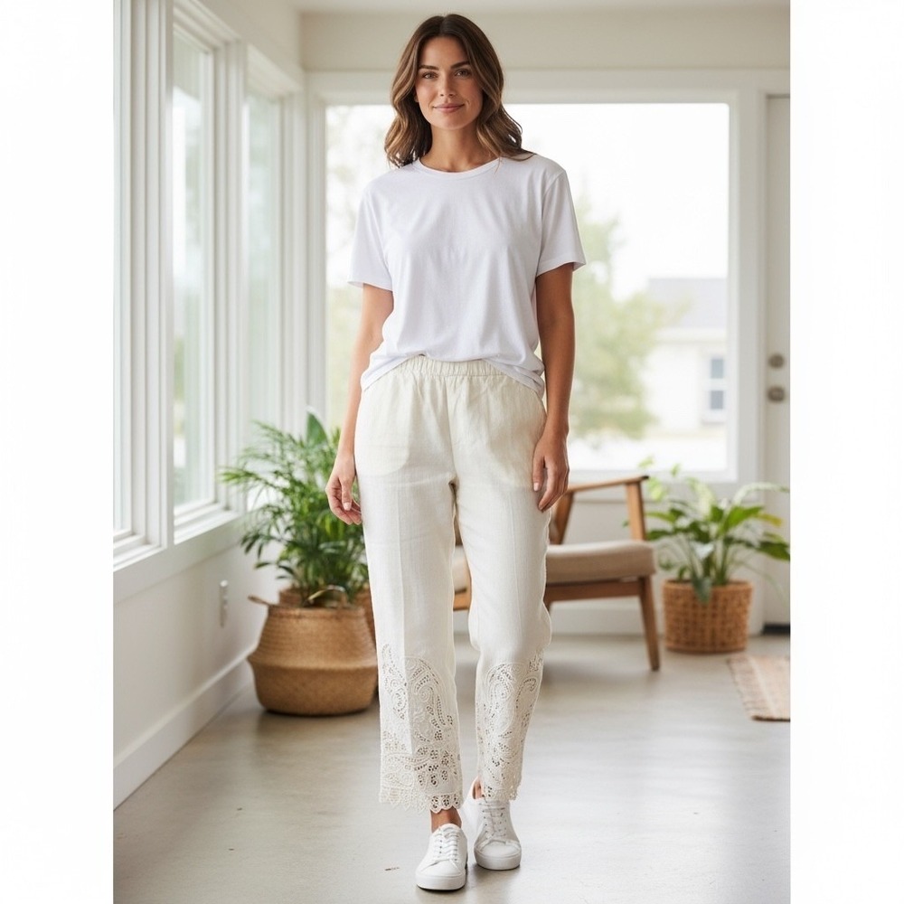 POLO Ralph Lauren size 8 cream linen cotton blend embroidered hem pants $398
